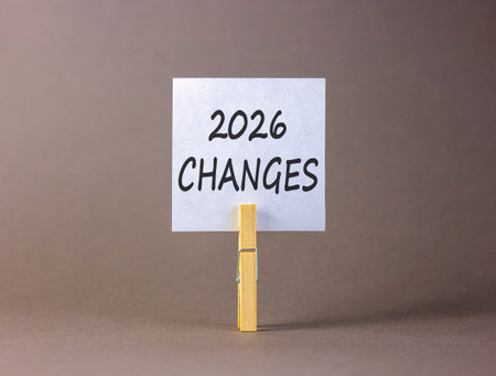 2026 Changes symbol. Concept words 2026 Changes on beautiful white paper on wooden clothespin. Beautiful gray background. Business and 2026 changes concept. Copy space.の写真素材