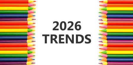 2026 Trends new year symbol. Concept words 2026 Trends on beautiful white paper. Beautiful white paper background. Beautiful colored pencils. Business and 2026 Trends new year concept. Copy space.の写真素材