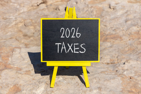 2026 taxes new year symbol. Concept words 2026 taxes on beautiful black blackboard. Beautiful stone background. Business and 2026 taxes new year concept. Copy space.の写真素材