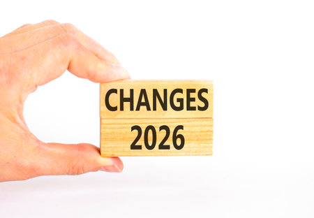 Changes 2026 symbol. Concept words Changes 2026 on beautiful wooden blocks. Beautiful white paper...