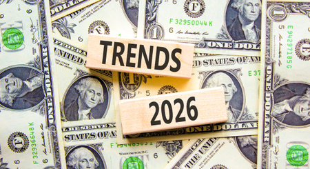Trends 2026 new year symbol. Concept words Trends 2026 on beautiful wooden blocks. Beautiful dollar...