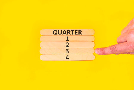 3rd third quarter 3 symbol. Concept word Quarter 3 on beautiful wooden sticks. Beautiful yellow background. Businessman's hand. Business, happy 3rd quarter 3 Q3 concept. Copy space.の写真素材