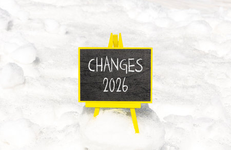 Changes 2026 symbol. Concept words Changes 2026 on beautiful black blackboard. Beautiful white snow background. Business and changes 2026 concept. Copy space.の写真素材