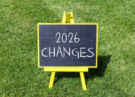 2026 Changes symbol. Concept words 2026 Changes on beautiful black blackboard. Beautiful green grass background. Business and 2026 changes concept. Copy space.の写真素材