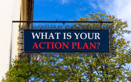 What is your action plan symbol. Concept words What is your action plan on black beautiful road sign. Beautiful blue sky trees background. Business what is your action plan concept. Copy space.の写真素材