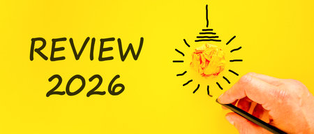 Review 2026 symbol. Concept words Review 2026 on beautiful yellow paper. Beautiful orange paper background. Light bulb icon. Businessman's hand with pen. Business and review 2026 concept. Copy space.の写真素材