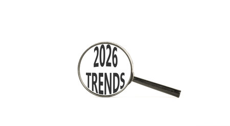 2026 Trends new year symbol. Concept words 2026 Trends on beautiful white paper. Black magnifying glass. Beautiful white paper background. Business and 2026 Trends new year concept. Copy space.の写真素材