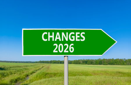 Changes 2026 symbol. Concept words Changes 2026 on beautiful green road sign. Beautiful green grass field forest and blue sky background. Business and changes 2026 concept. Copy space.の写真素材