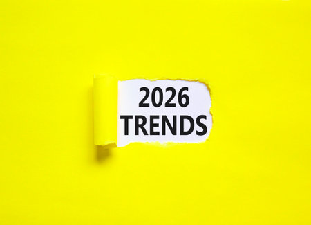2026 Trends new year symbol. Concept words 2026 Trends on beautiful white paper. Beautiful yellow paper background. Business and 2026 Trends new year concept. Copy space.の写真素材