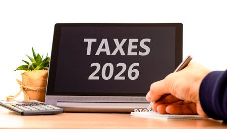 Taxes 2026 new year symbol. Concept words Taxes 2026 on beautiful black tablet screen. Beautiful white background. Businessman's hand. Business and taxes 2026 new year concept. Copy space.の写真素材