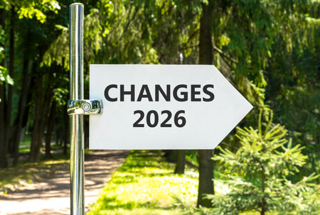 Changes 2026 symbol. Concept words Changes 2026 on beautiful white road sign. Beautiful summer green forest garden background. Business and changes 2026 concept. Copy space.の写真素材