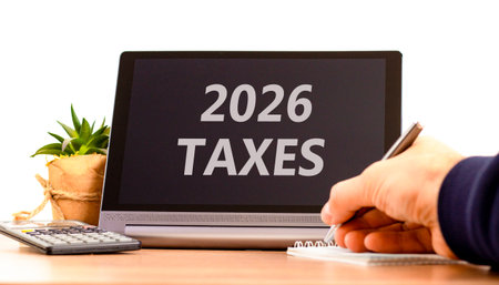 2026 taxes new year symbol. Concept words 2026 taxes on beautiful black tablet screen. Beautiful white background. Businessman's hand. Business and 2026 taxes new year concept. Copy space.の写真素材