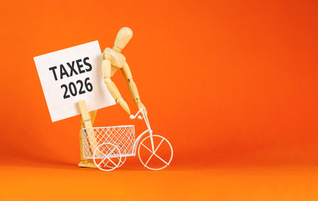 Taxes 2026 new year symbol. Concept words Taxes 2026 on beautiful white card. Beautiful orange paper background. Businessman's model. Business and taxes 2026 new year concept. Copy space.の写真素材