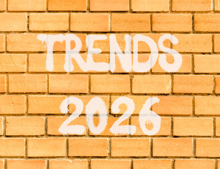Trends 2026 new year symbol. Concept words Trends 2026 on beautiful old brown brick wall. Beautiful old brown brick wall background. Business and Trends 2026 new year concept. Copy space.の写真素材