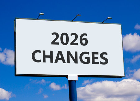 2026 Changes symbol. Concept words 2026 Changes on beautiful big white billboard. Beautiful blue sky and clouds background. Business and 2026 changes concept. Copy space.の写真素材