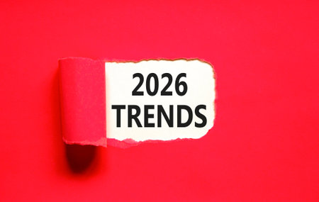 2026 Trends new year symbol. Concept words 2026 Trends on beautiful white paper. Beautiful red paper background. Business and 2026 Trends new year concept. Copy space.の写真素材