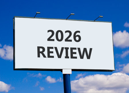 2026 Review symbol. Concept words 2026 Review on beautiful big white billboard. Beautiful blue sky...