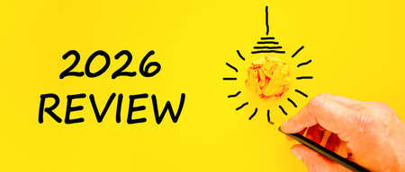 2026 Review symbol. Concept words 2026 Review on beautiful yellow paper. Beautiful orange paper...