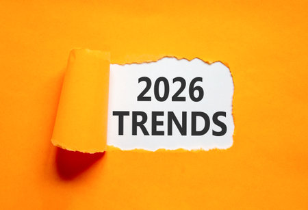 2026 Trends new year symbol. Concept words 2026 Trends on beautiful white paper. Beautiful orange...