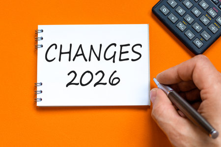 Changes 2026 symbol. Concept words Changes 2026 on beautiful white note. Black calculator. Beautiful...