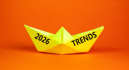 2026 Trends new year symbol. Concept words 2026 Trends on beautiful yellow paper boat. Beautiful...