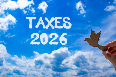 Taxes 2026 new year symbol. Concept words Taxes 2026 on beautiful blue sky. Beautiful blue sky background. Businessman's hand holds wooden bird. Business and taxes 2026 new year concept. Copy space.の写真素材