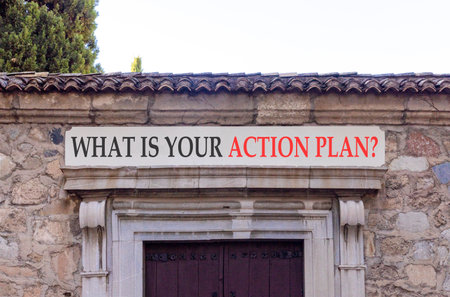 What is your action plan symbol. Concept words What is your action plan on beautiful white marble sign plate. Beautiful stone wall background. Business what is your action plan concept. Copy space.の写真素材