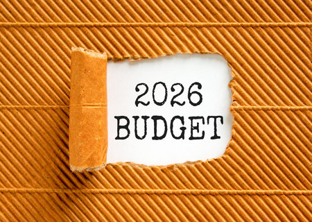 2026 Budget symbol. Concept words 2026 Budget on beautiful white paper. Beautiful brown paper...