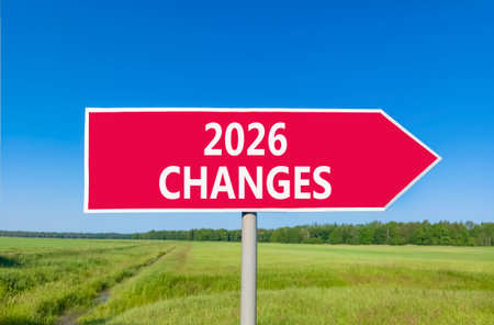 2026 Changes symbol. Concept words 2026 Changes on beautiful red road sign. Beautiful green grass...