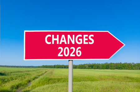 Changes 2026 symbol. Concept words Changes 2026 on beautiful red road sign. Beautiful green grass...
