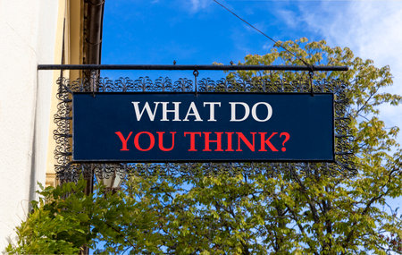 Support, help what do you think symbol. Concept words What do you think on black beautiful road sign. Beautiful blue sky trees background. Business what do you think concept. Copy space.の写真素材