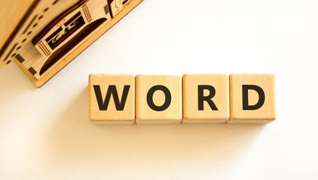 Word symbol. Concept word Word on beautiful wooden blocks. Beautiful wooden house. Beautiful white table white background. Business, lifestyle, support and word concept. Copy space.の写真素材