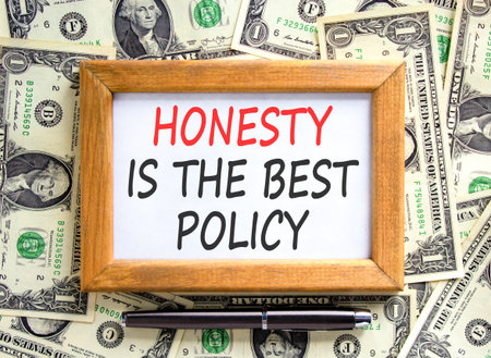 Honesty is the best political symbol. Concept words Honesty is the best policy on beautiful wooden picture frame. Beautiful dollar bills background. Business honesty is the best policy concept. Copy space.の写真素材