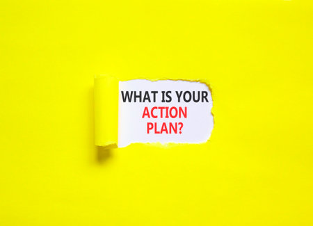 What is your action plan symbol. Concept words What is your action plan on beautiful white paper. Beautiful yellow paper background. Business what is your action plan concept. Copy space.の写真素材