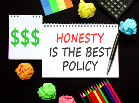 Honesty is the best political symbol. Concept words Honesty is the best policy on beautiful white note. Beautiful black background. Black pen. Business honesty is the best policy concept. Copy space.の写真素材
