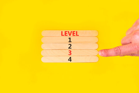 Time to level 3 symbol. Concept word Level 1 2 3 4 on beautiful wooden sticks. Businessman's hand. Beautiful yellow background. Business planning and time to level 3 concept. Copy space.の写真素材