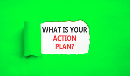 What is your action plan symbol. Concept words What is your action plan on beautiful white paper. Beautiful green paper background. Business what is your action plan concept. Copy space.の写真素材