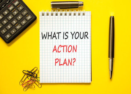 What is your action plan symbol. Concept words What is your action plan on beautiful white note. Beautiful yellow background. Black pen. Business what is your action plan concept. Copy space.の写真素材