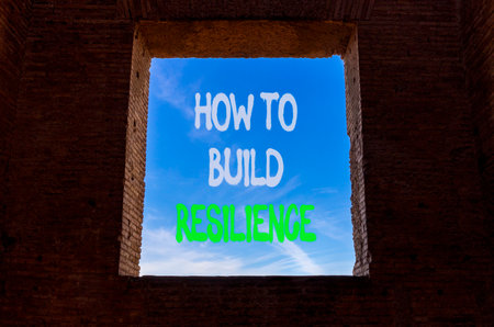 How to build resilience symbol. Concept words How to build resilience on beautiful window in ancient brick wall. Beautiful blue sky background. Business how to build resilience concept. Copy space.の写真素材