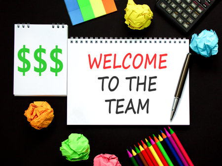 Support, help welcome to the team symbol. Concept words Welcome to the team on beautiful white note. Beautiful black background. Black pen. Business welcome to the team concept. Copy space.の写真素材