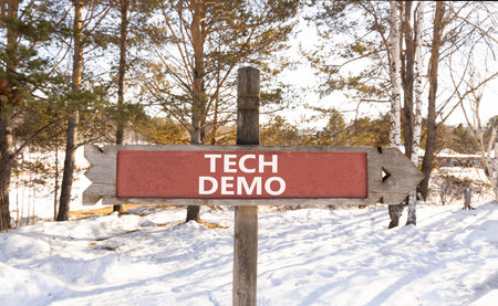 Tech demo symbol. Concept word Tech demo on beautiful wooden road sign. Beautiful snow winter forest background. Business tech demo concept. Copy space.の写真素材