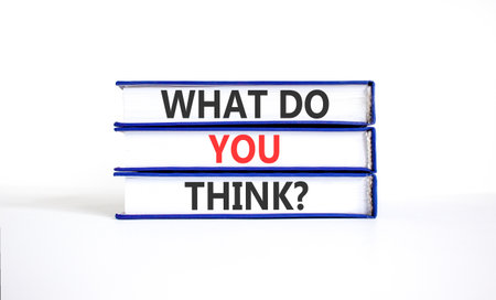 Support, help what do you think symbol. Concept words What do you think on beautiful books. Beautiful white paper background. Business what do you think concept. Copy space.の写真素材