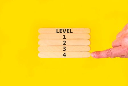 Time to level 4 symbol. Concept word Level 1 2 3 4 on beautiful wooden sticks. Businessman's hand. Beautiful yellow background. Business planning and time to level 4 concept. Copy space.の写真素材