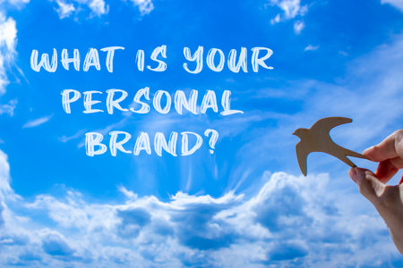 What is your personal brand symbol. Concept words What is your personal brand on beautiful blue sky. Beautiful blue sky background. Business what is your personal brand concept. Copy space.の写真素材