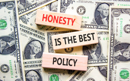 Honesty is the best political symbol. Concept words Honesty is the best policy on beautiful wooden blocks. Beautiful dollar bills background. Business honesty is the best policy concept. Copy space.の写真素材