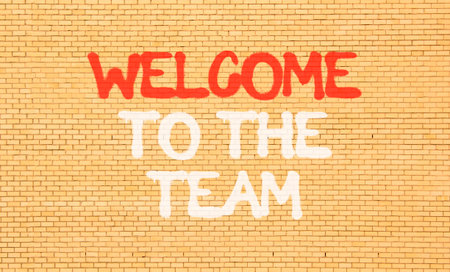 Support, help welcome to the team symbol. Concept words Welcome to the team on beautiful brown brick wall. Beautiful brick wall background. Business welcome to the team concept. Copy space.の写真素材