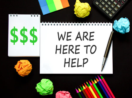 Support, help and we are here to help symbol. Concept words We are here to help on beautiful white...