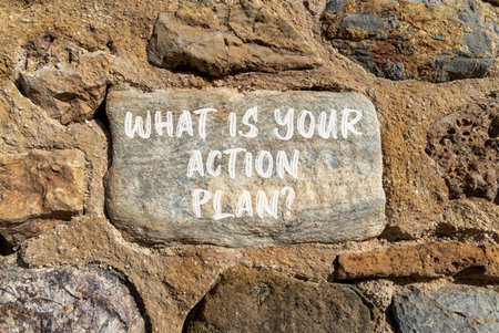 What is your action plan symbol. Concept words What is your action plan on beautiful gray stone. Beautiful stone wall background. Business what is your action plan concept. Copy space.の写真素材