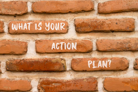 What is your action plan symbol. Concept words What is your action plan on beautiful brick wall. Beautiful brick wall background. Business what is your action plan concept. Copy space.の写真素材