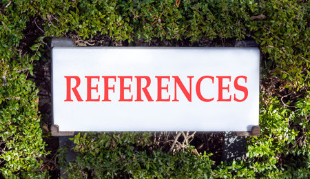 References or reference symbol. Concept word References on beautiful white marble sign plate....